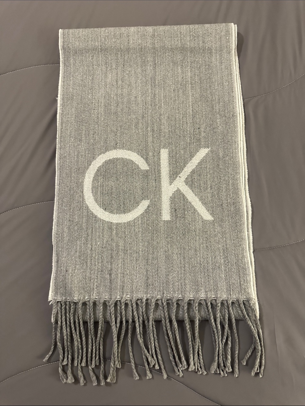 Calvin Klein Light Gray CK Logo Fringe Scarf